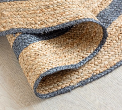 Eco Friendly Round Jute Carpet with Grey Accent Rings Eco Friendly Round Jute Carpet with Grey Accent Rings Handmade Area Rug for Farmhouse Interiors