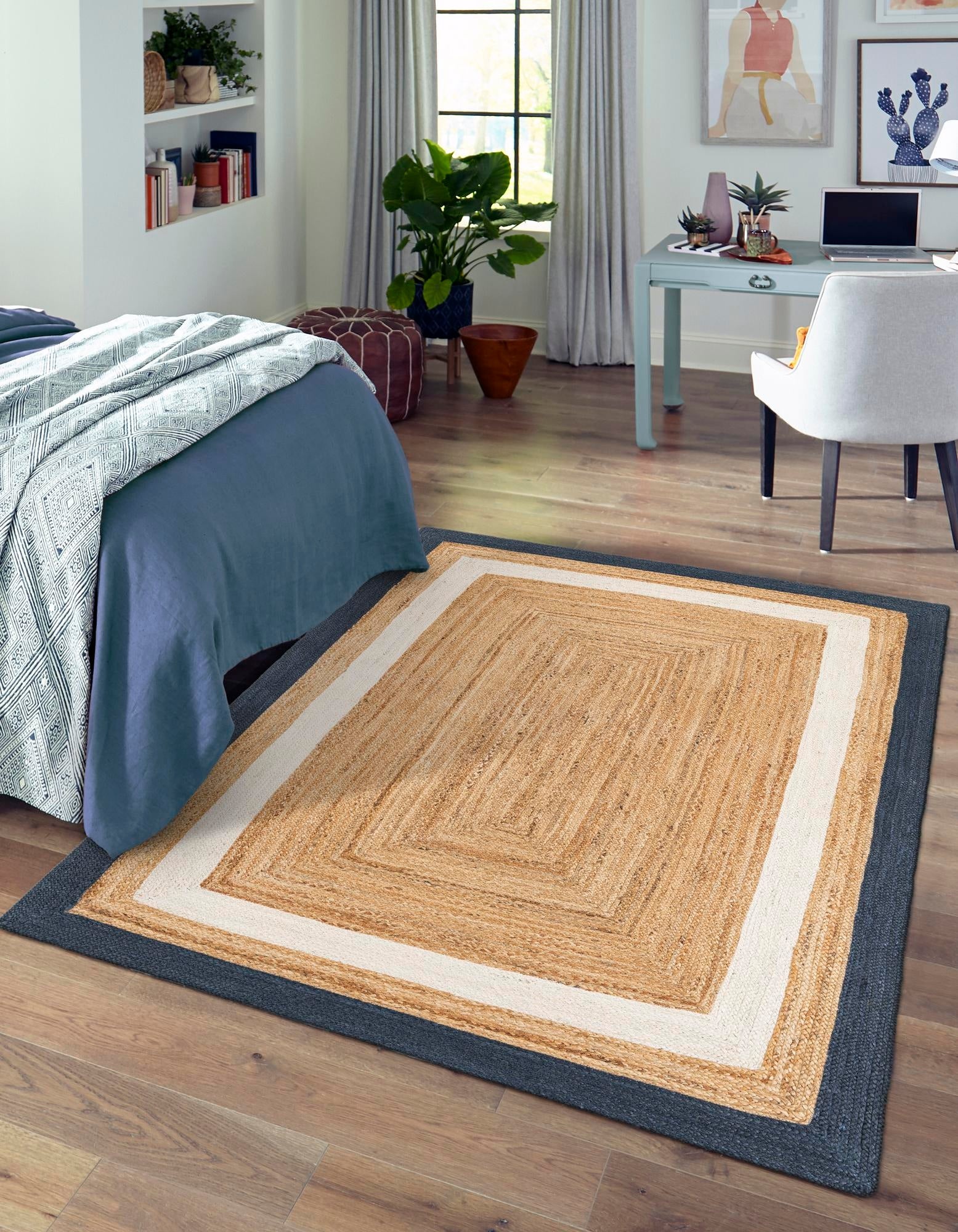 Handwoven Natural Jute Area Rug with Blue & White Border | Modern Floor Carpet