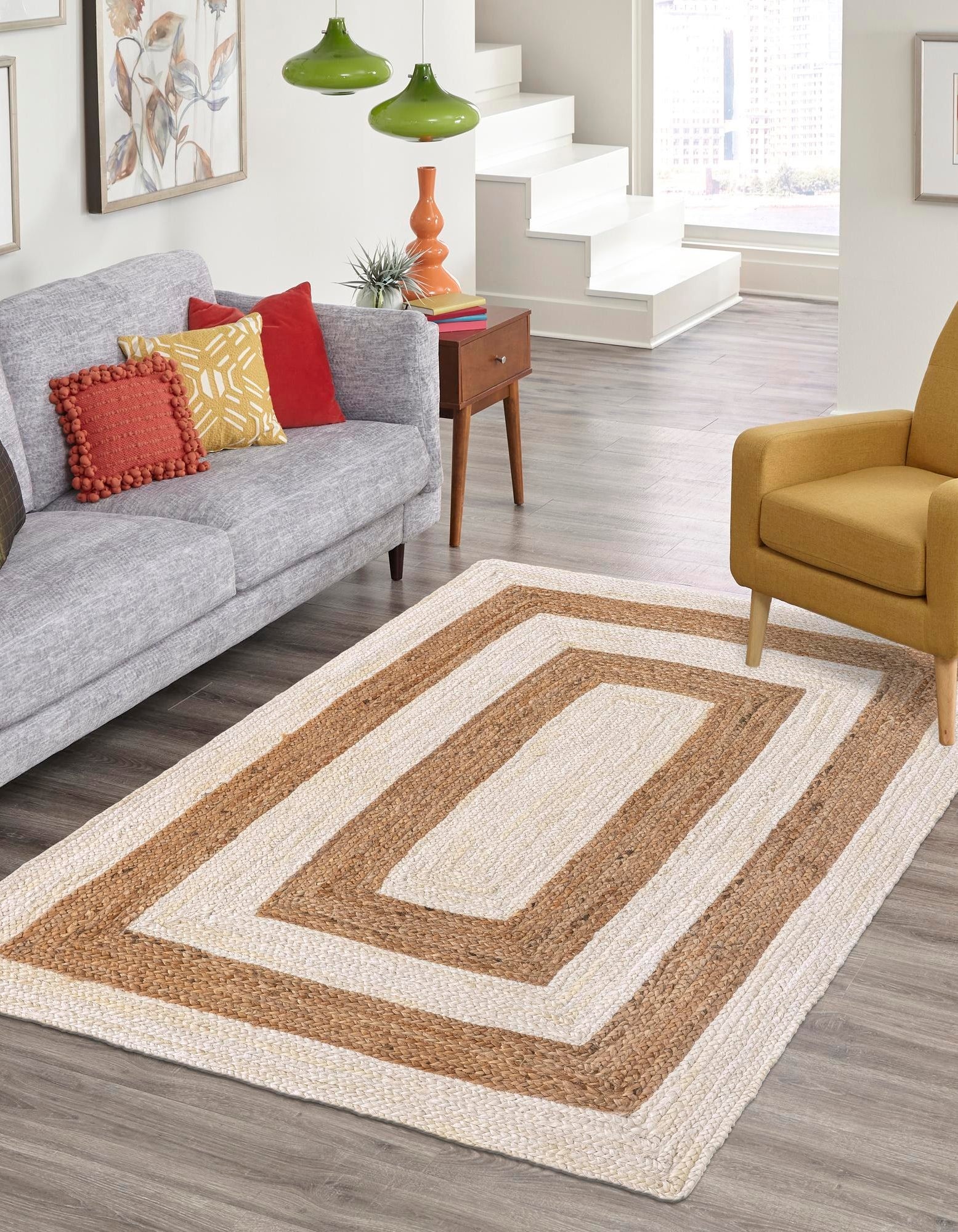 Handwoven White & Natural Jute Area Rug | Modern Geometric Border Floor Carpet
