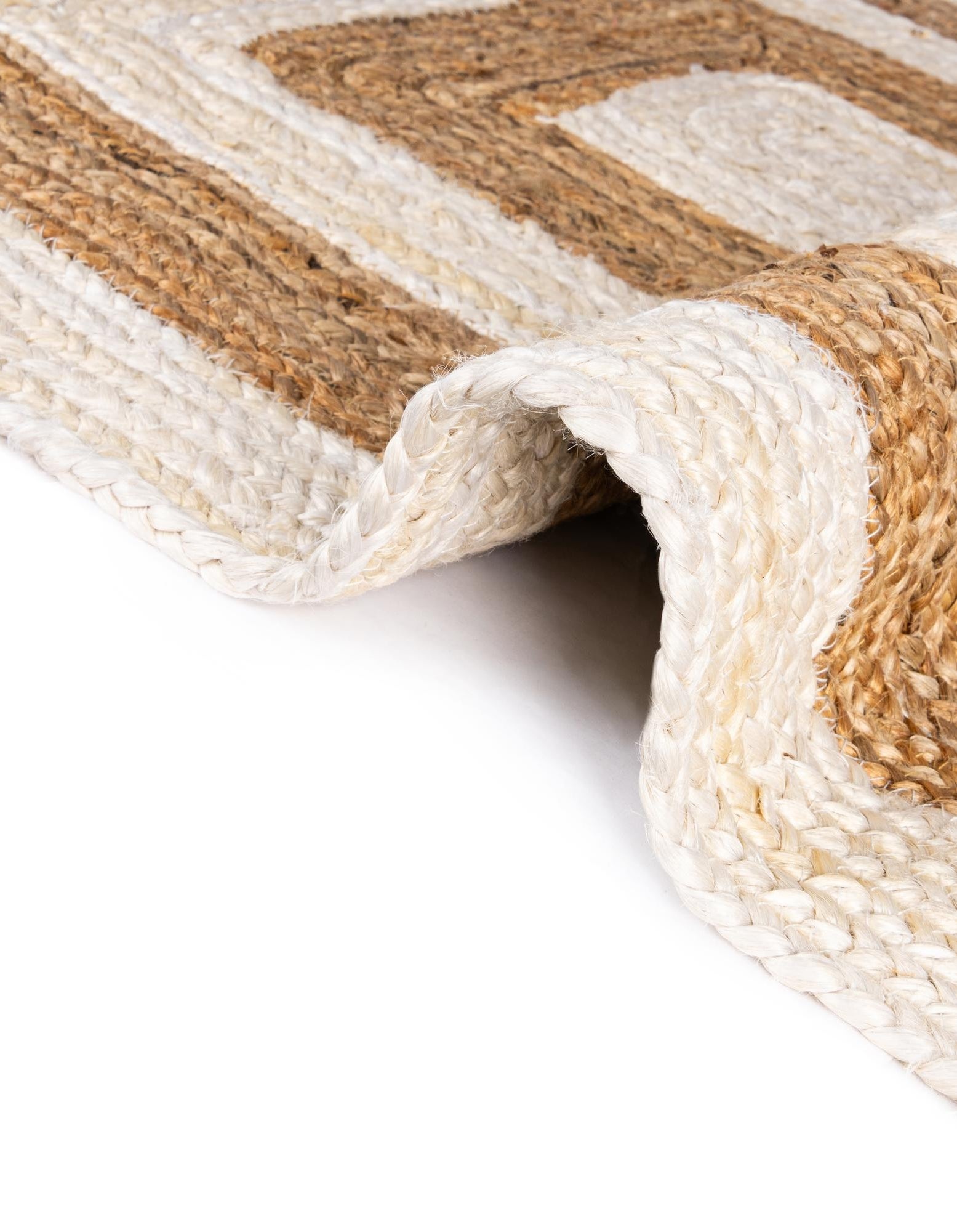 Geometric Border Natural Jute Floor Carpet Rectangular white and natural braided jute rug with layered geometric pattern
