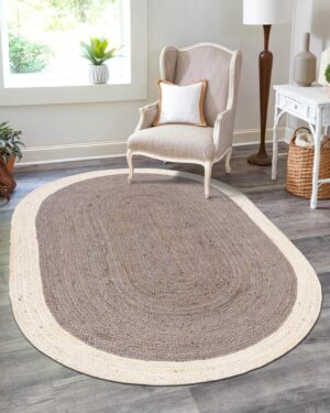 Grey and White Oval Jute Rug Handmade Braided Farmhouse Area Rug for Living Room Bedroom and Entryway Decor