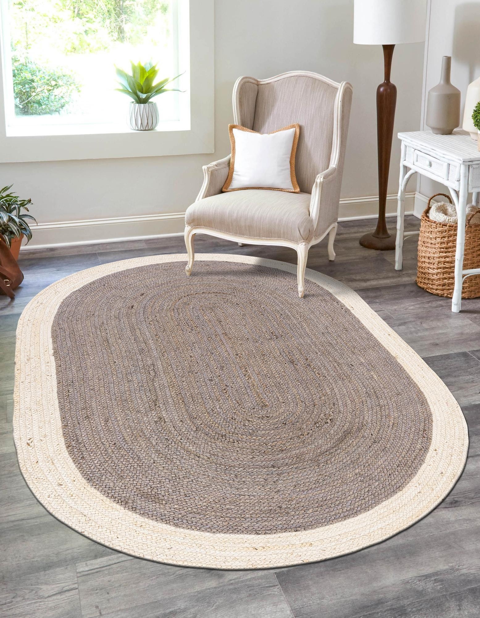 Grey and White Oval Jute Rug Handmade Braided Farmhouse Area Rug for Living Room Bedroom and Entryway Decor
