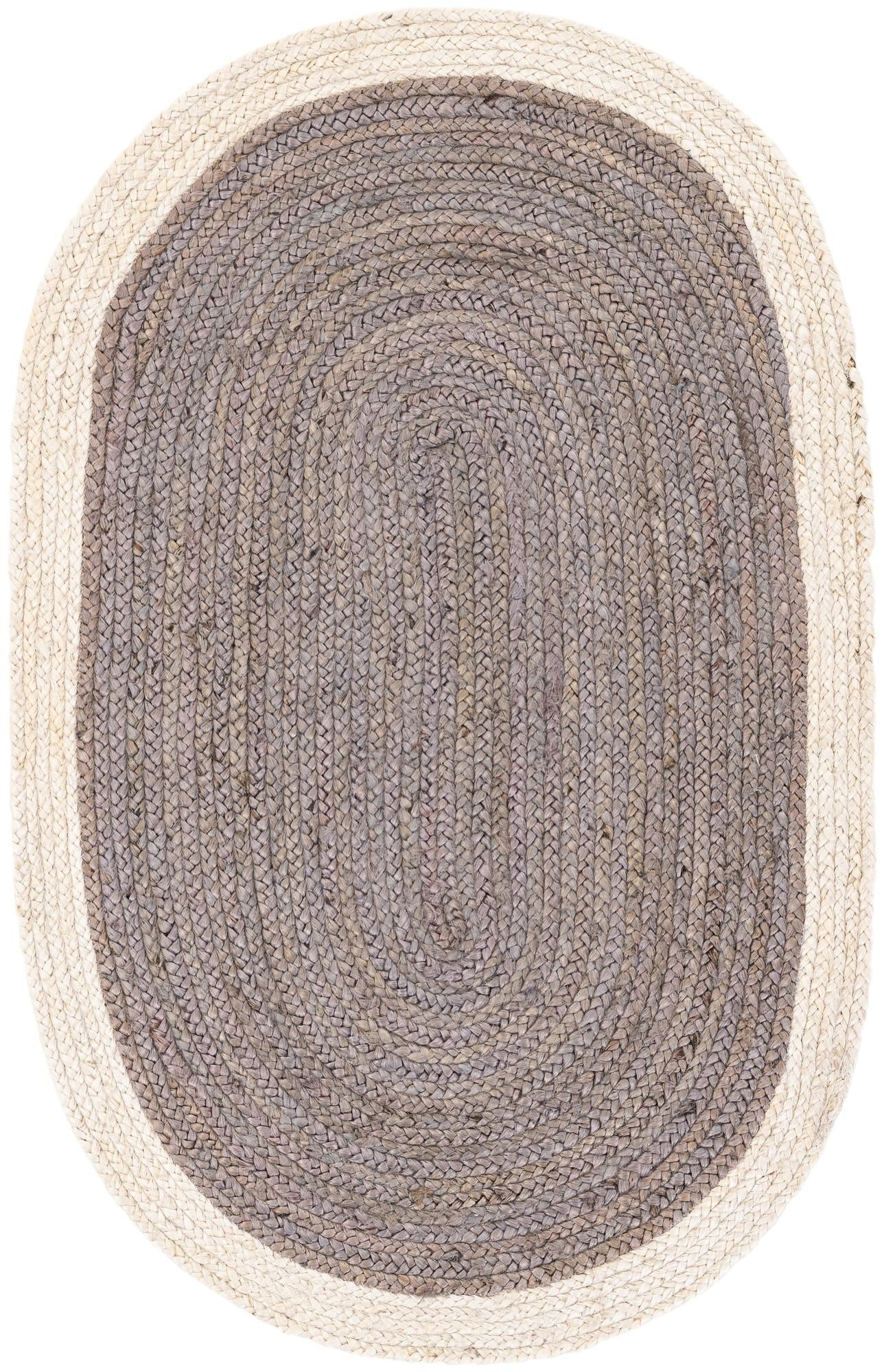 Handwoven Grey Oval Jute Area Rug with White Border Handwoven Grey Oval Jute Area Rug with White Border for Farmhouse and Coastal Home Decor