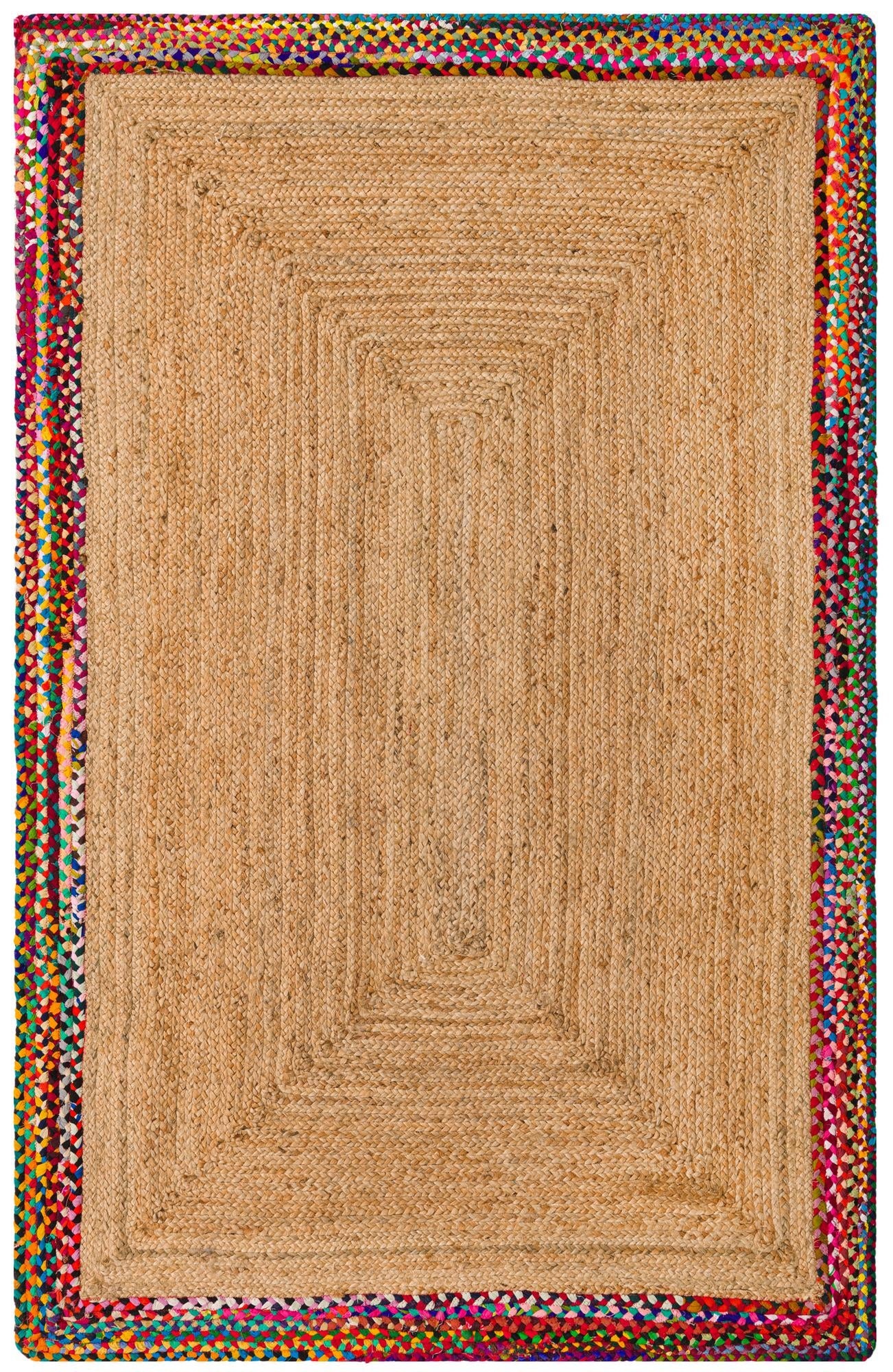 Boho Natural Jute Area Rug with Multicolor Border Natural jute rug with colorful braided border placed in stylish living room