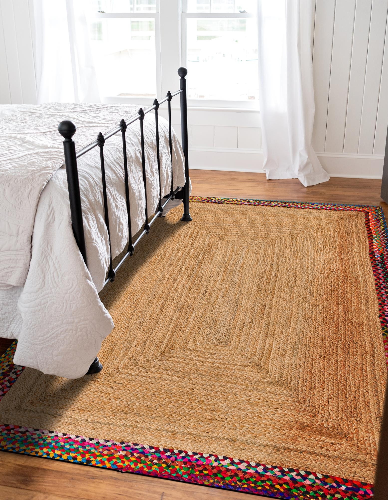 Handmade Multicolor Border Jute Area Rug Rectangular natural jute floor rug with vibrant colorful border design