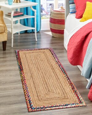 Eco-friendly natural jute rug with colorful border and braided texture