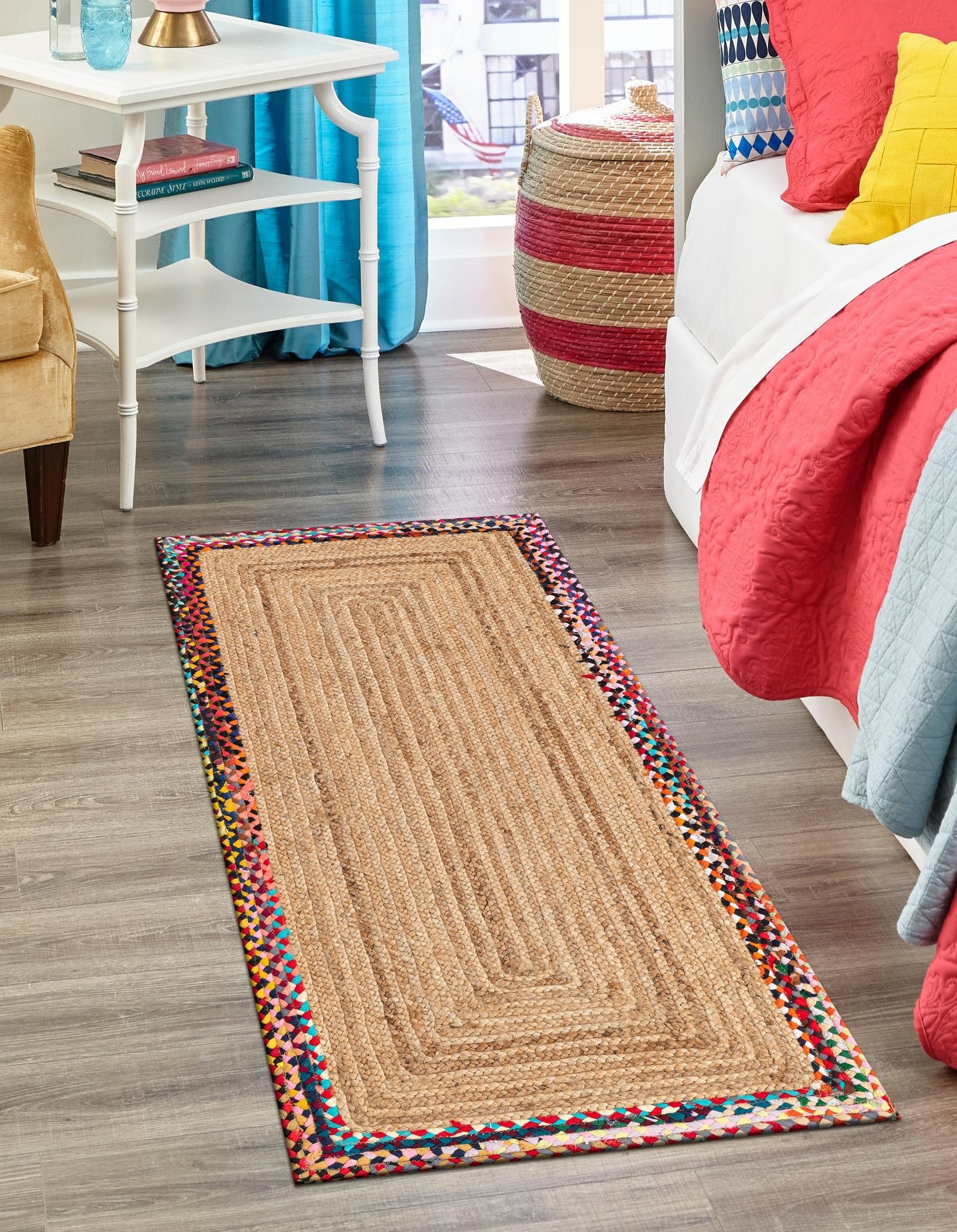 Handwoven Natural Jute Rug with Multicolor Border | Boho Area Rug for Living Room
