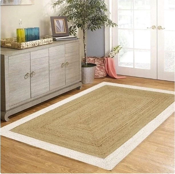 Handwoven Natural & White Jute Area Rug | Modern Border Floor Carpet