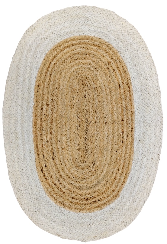 Natural and White Oval Jute Rug Handmade Braided Farmhouse Area Carpet for Living Room and Bedroom Decor