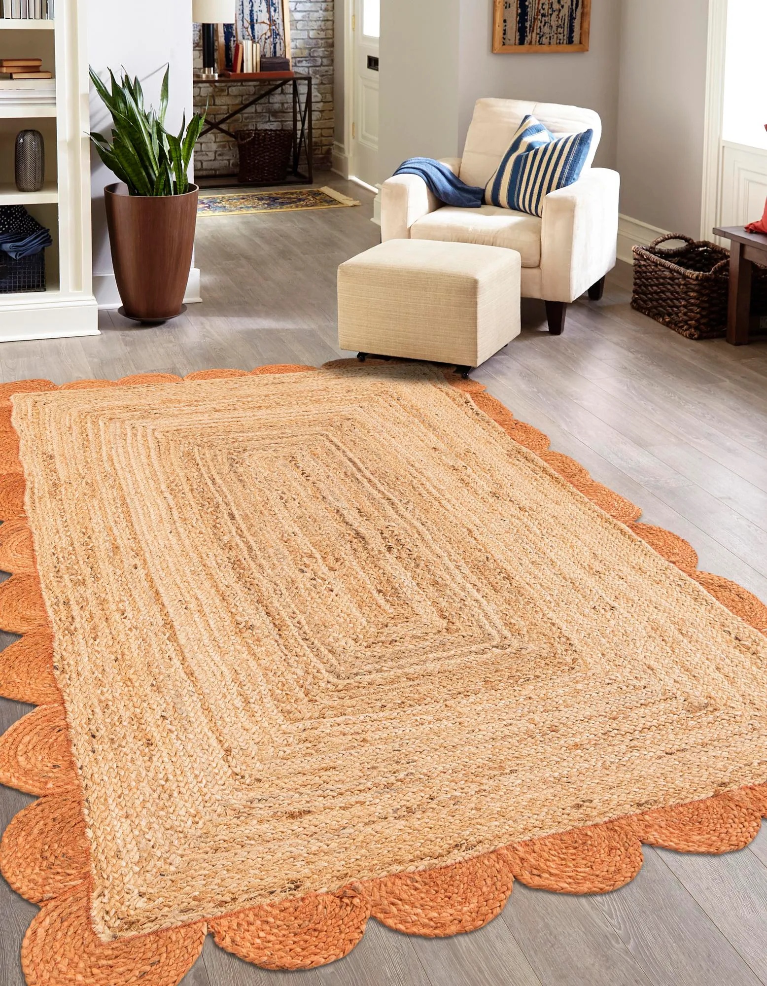 Handmade Natural Jute Rug with Orange Scalloped Border | Boho Farmhouse Area Carpet