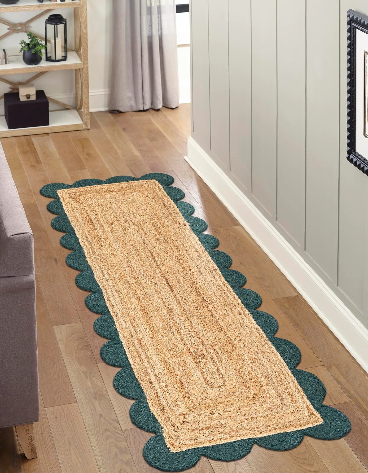 Handwoven Natural Jute Rug with Dark Green Scalloped Border | Boho Area Carpet