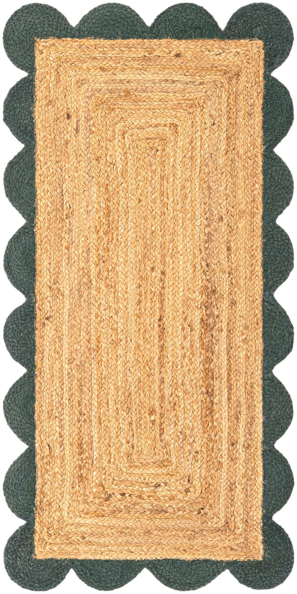 Natural Jute Rug with Green Scalloped Border | Handmade Bohemian Floor Carpet