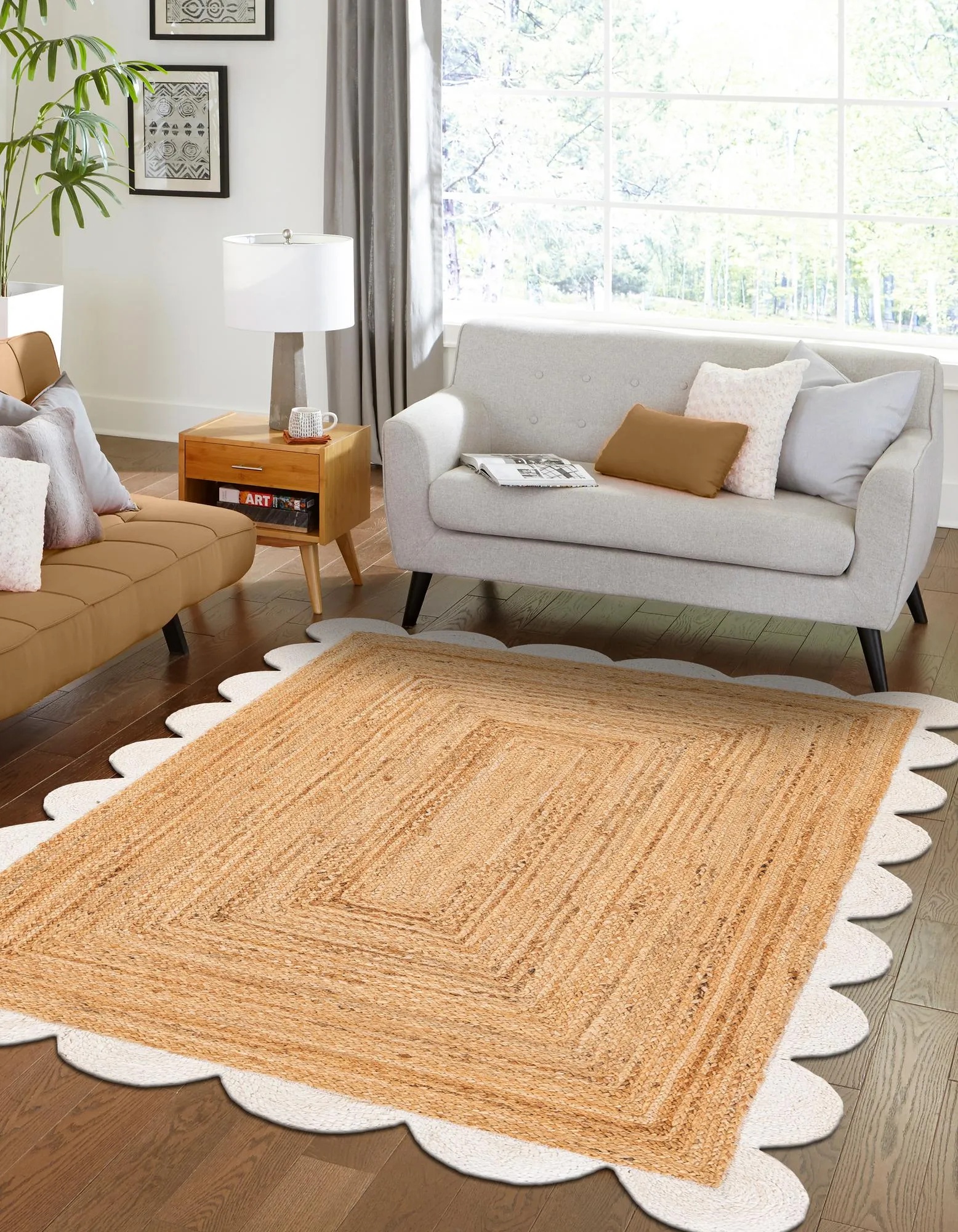 Handwoven Natural Jute Rug with White Scalloped Border | Modern Boho Area Carpet