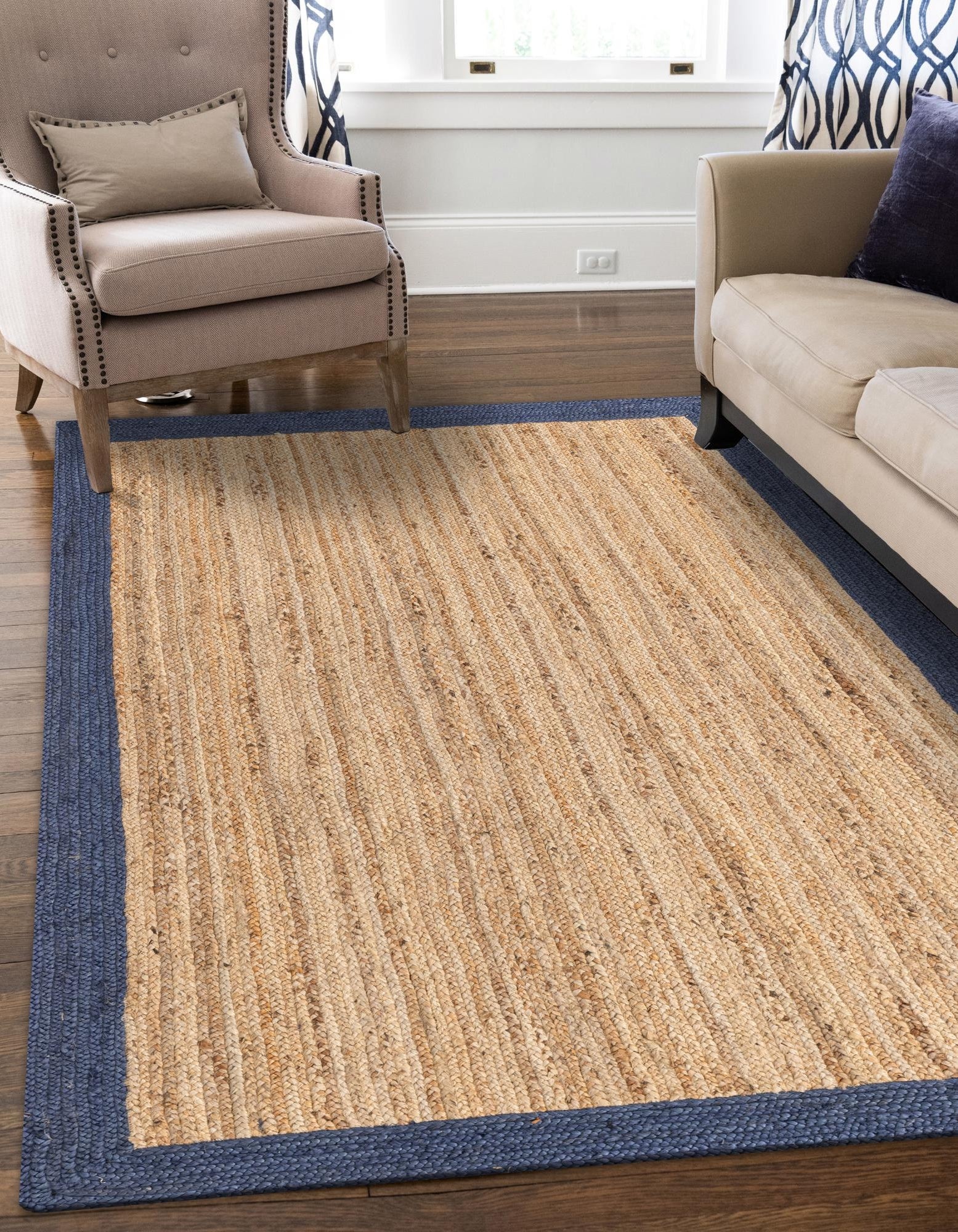 Handwoven Natural & Navy Blue Jute Area Rug | Modern Border Floor Carpet