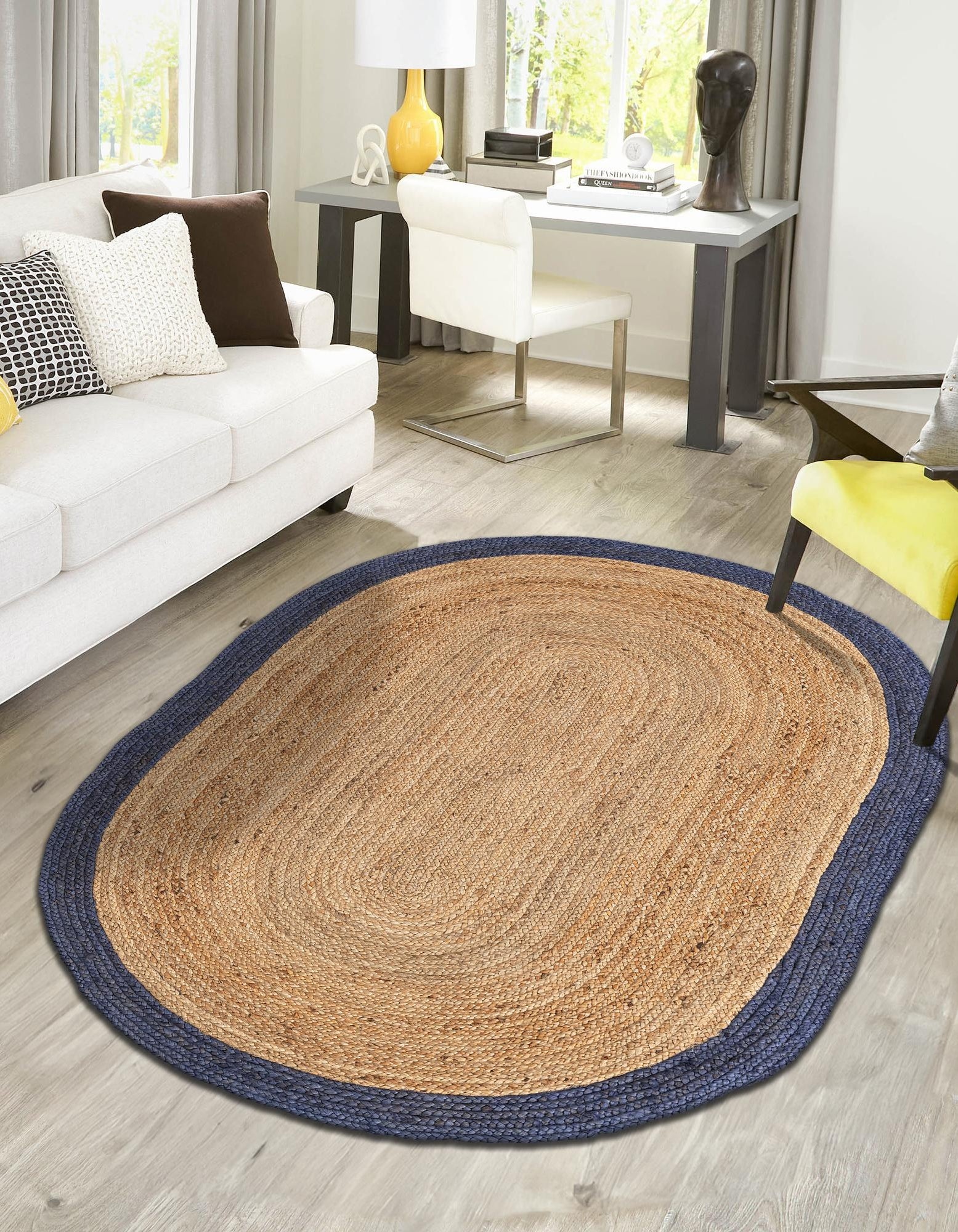Handwoven Oval Jute Rug with Navy Blue Border | Natural Braided Area Carpet