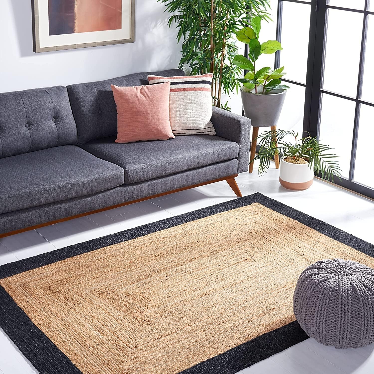 Handmade Natural Jute Rug with Black Border | Modern Braided Area Carpet