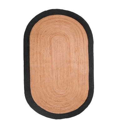Natural and Black Oval Jute Rug Handmade Braided Area Carpet for Modern Farmhouse Living Room Decor