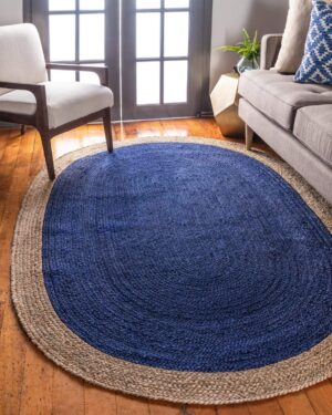 Handmade Navy Blue and Natural Oval Jute Rug Braided Boho Area Carpet for Living Room Bedroom and Farmhouse Decor