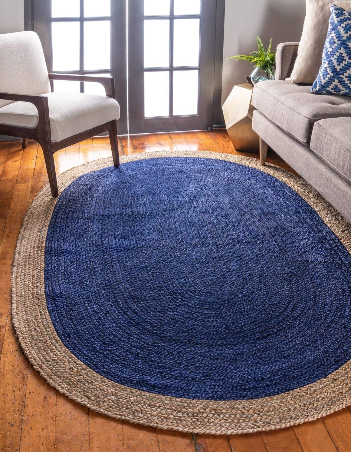 Handmade Navy Blue and Natural Oval Jute Rug Braided Boho Area Carpet for Living Room Bedroom and Farmhouse Decor