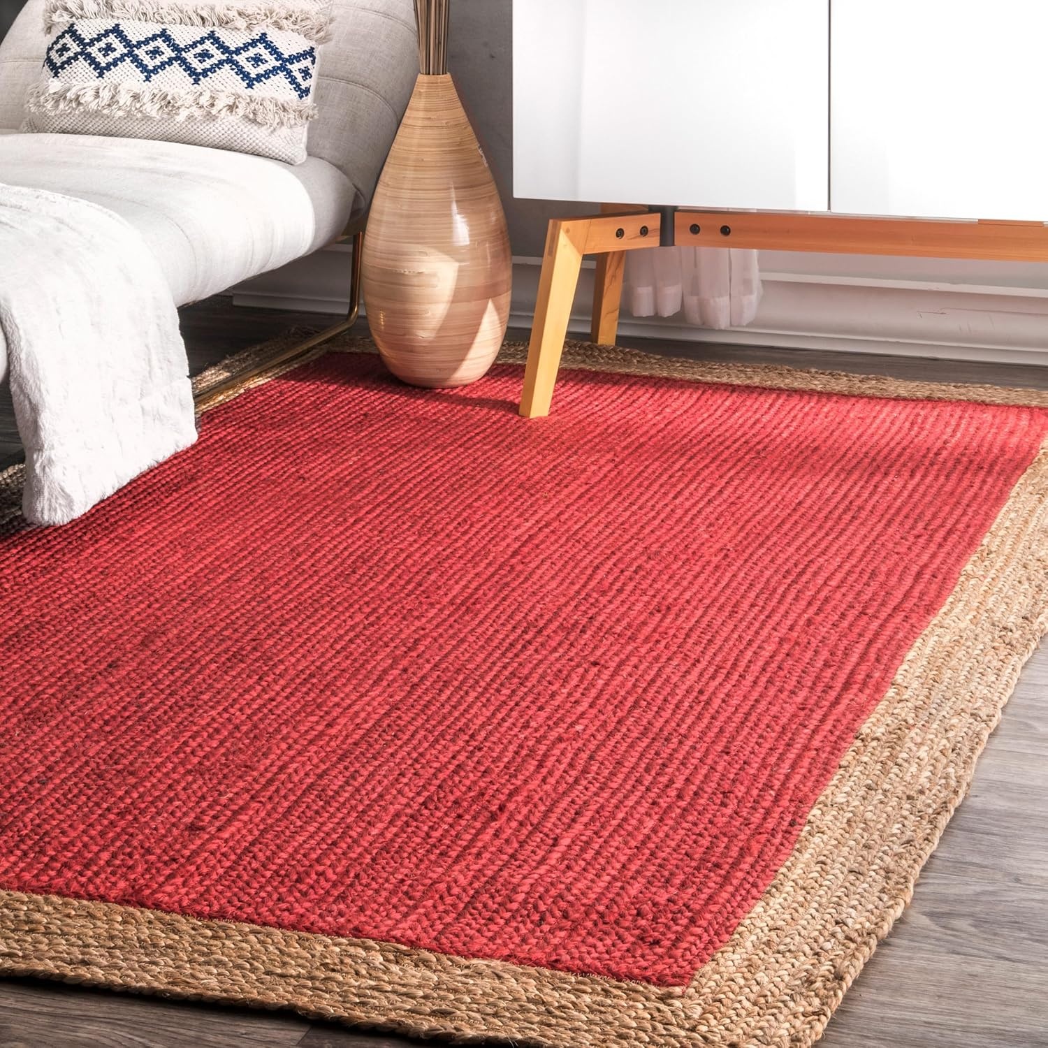 Handwoven Red Jute Area Rug | Natural Border Boho Carpet Floor Area Rug