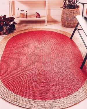 Handmade Red and Natural Round Jute Rug Braided Boho Area Carpet for Living Room Bedroom and Farmhouse Decor