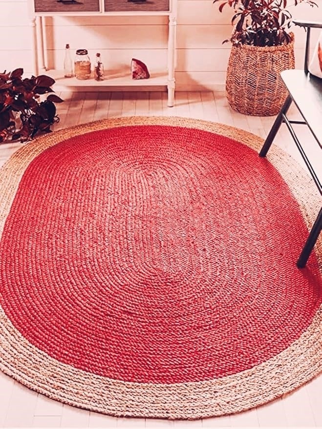 Handmade Red and Natural Round Jute Rug Braided Boho Area Carpet for Living Room Bedroom and Farmhouse Decor