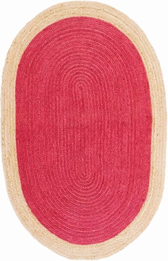 Round Red Jute Area Rug with Natural Border Round Red Jute Area Rug with Natural Border Handwoven Farmhouse Carpet for Rustic Home Decor