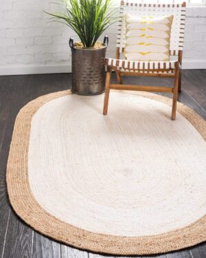 White and Natural Oval Jute Rug – Handmade Braided Carpet
