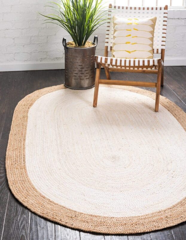 White and Natural Oval Jute Rug – Handmade Braided Carpet