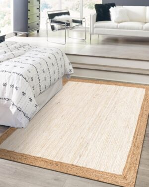 Handwoven White & Natural Jute Area Rug | Modern Farmhouse Border Carpet