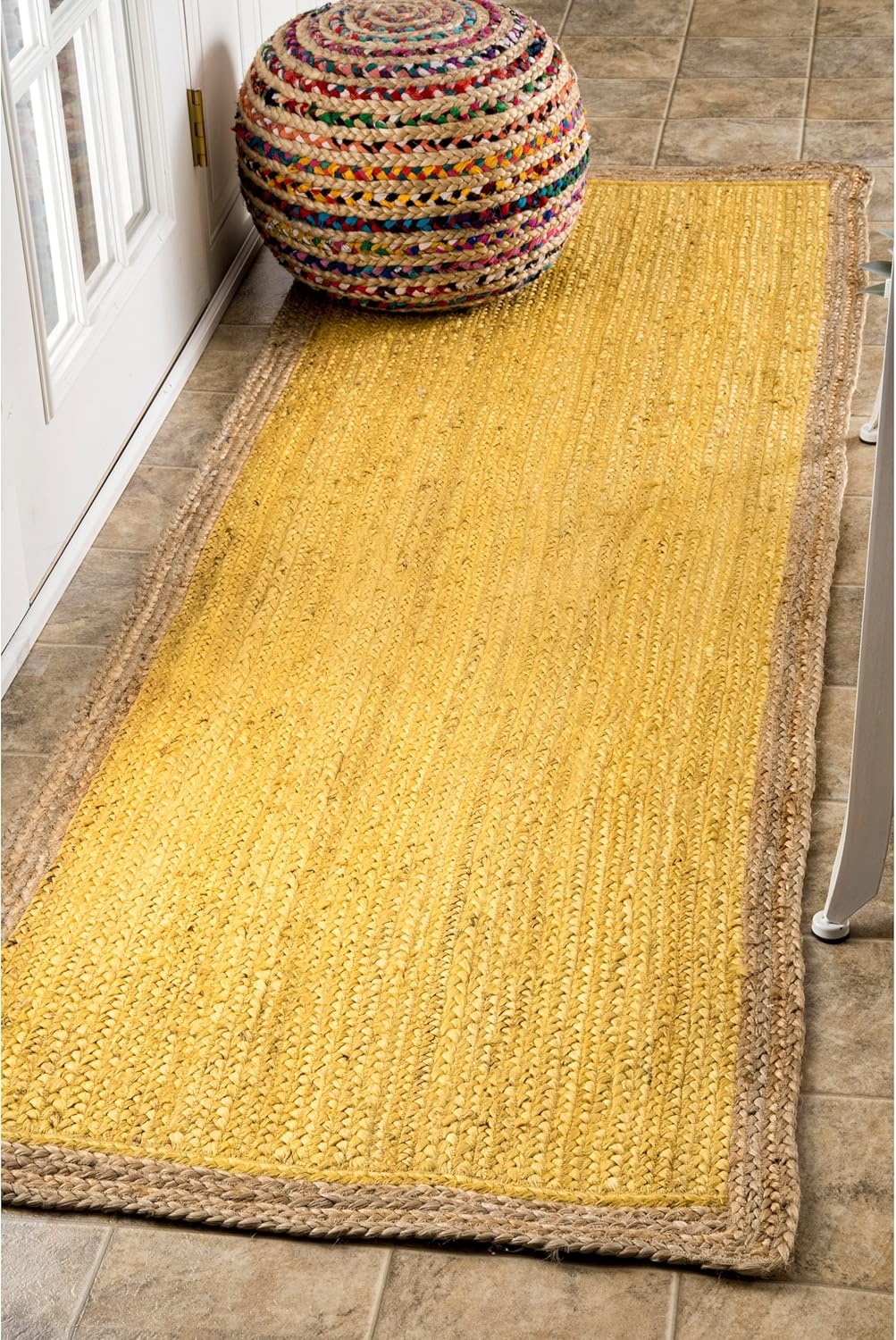 Handwoven Yellow Jute Area Rug | Natural Border Boho Floor Carpet