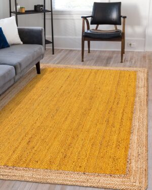 Handwoven Yellow Jute Area Rug | Natural Border Boho Floor Carpet