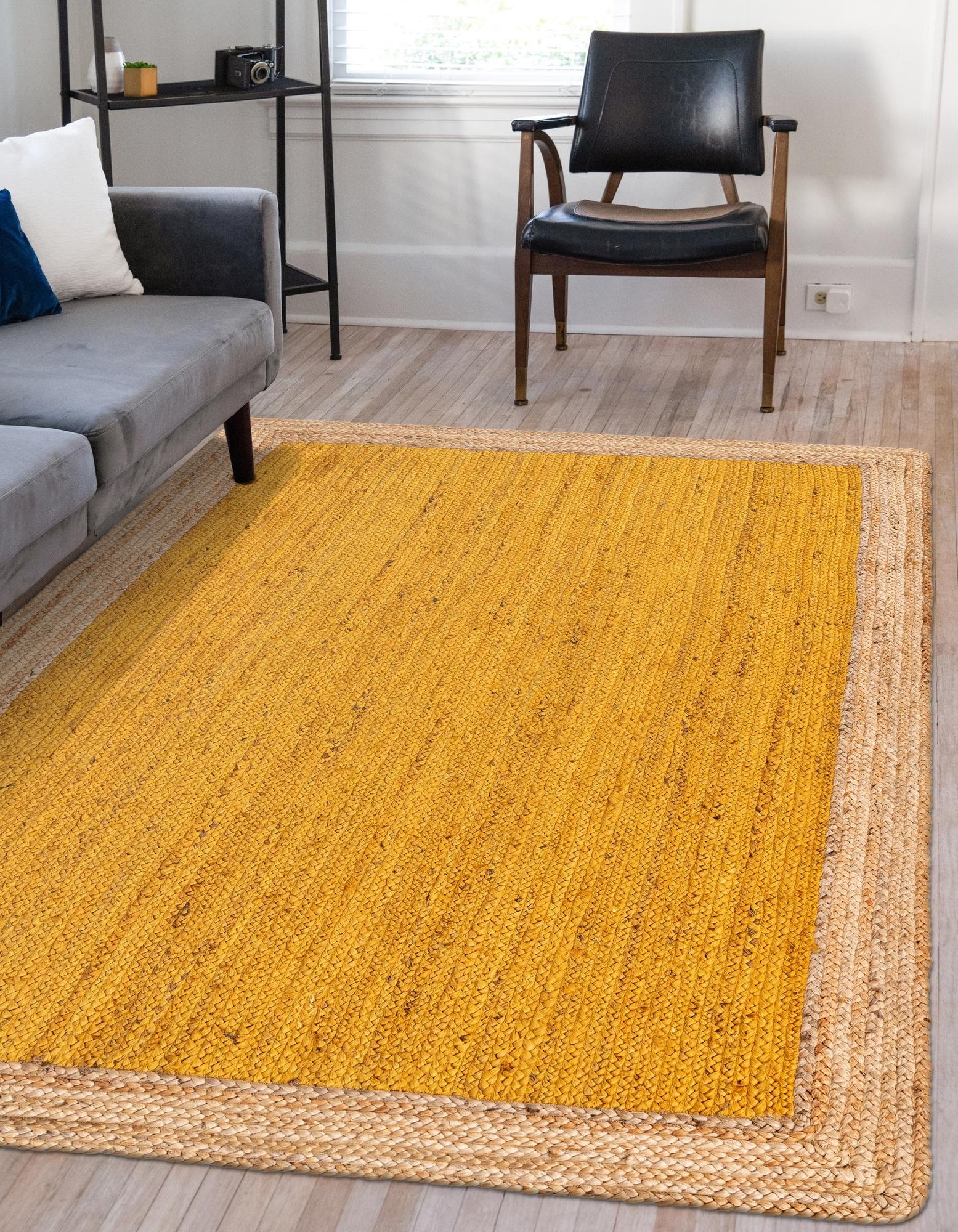 Handwoven Yellow Jute Area Rug | Natural Border Boho Floor Carpet