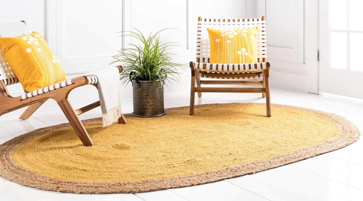 Yellow and Natural Oval Jute Area Rug Handwoven Braided Carpet for Boho and Rustic Home Decor