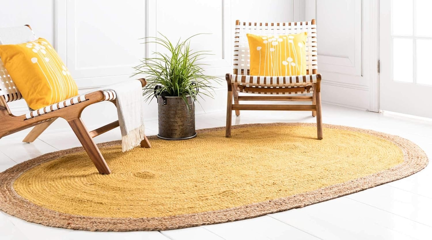Yellow and Natural Oval Jute Area Rug Handwoven Braided Carpet for Boho and Rustic Home Decor