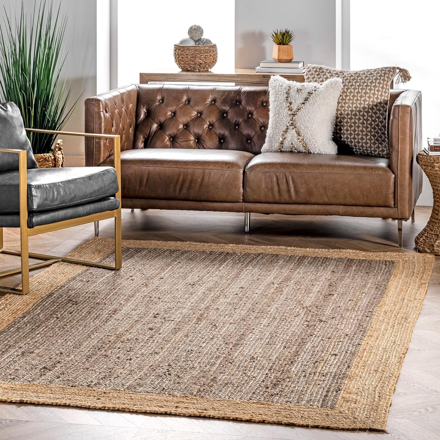 Handwoven Inner Grey Jute Area Rug | Natural Border Modern Floor Carpet