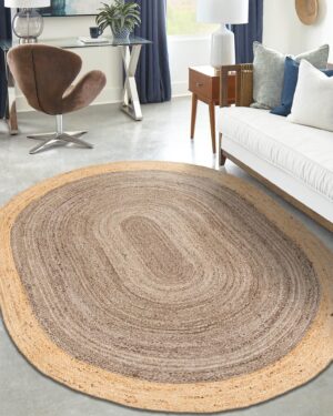 Grey and Natural Oval Jute Rug Handmade Braided Farmhouse Area Rug for Living Room Bedroom and Modern Home Decor