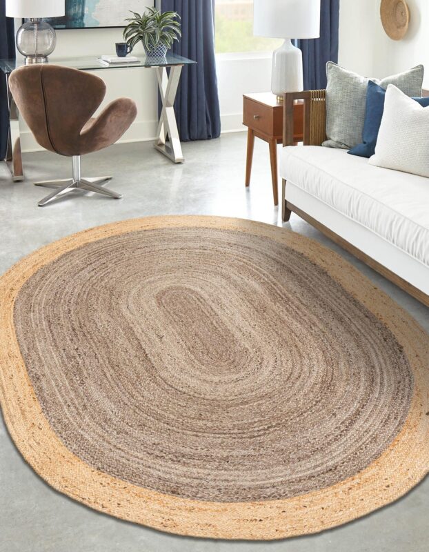 Grey and Natural Oval Jute Rug Handmade Braided Farmhouse Area Rug for Living Room Bedroom and Modern Home Decor