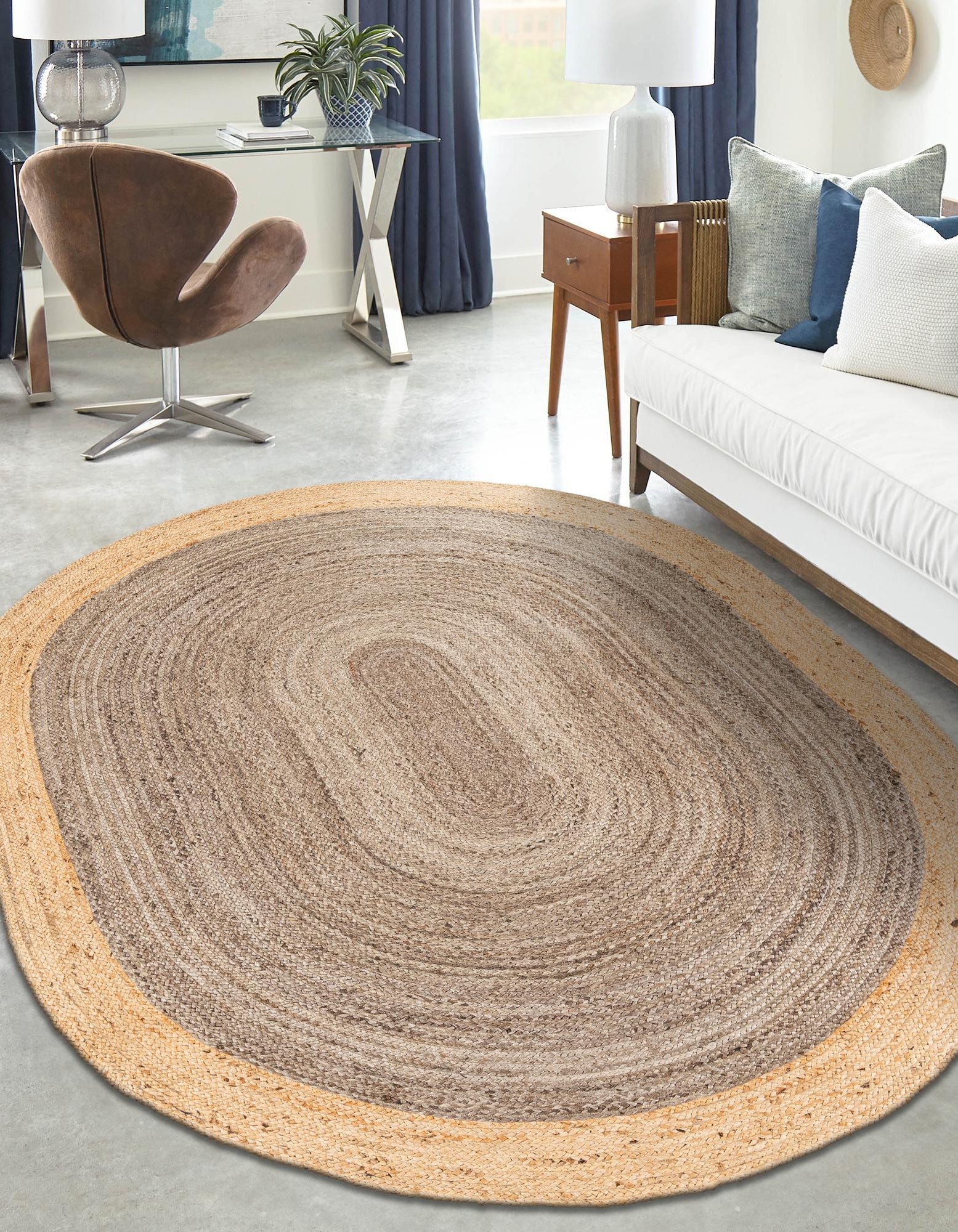 Grey and Natural Oval Jute Rug Handmade Braided Farmhouse Area Rug for Living Room Bedroom and Modern Home Decor