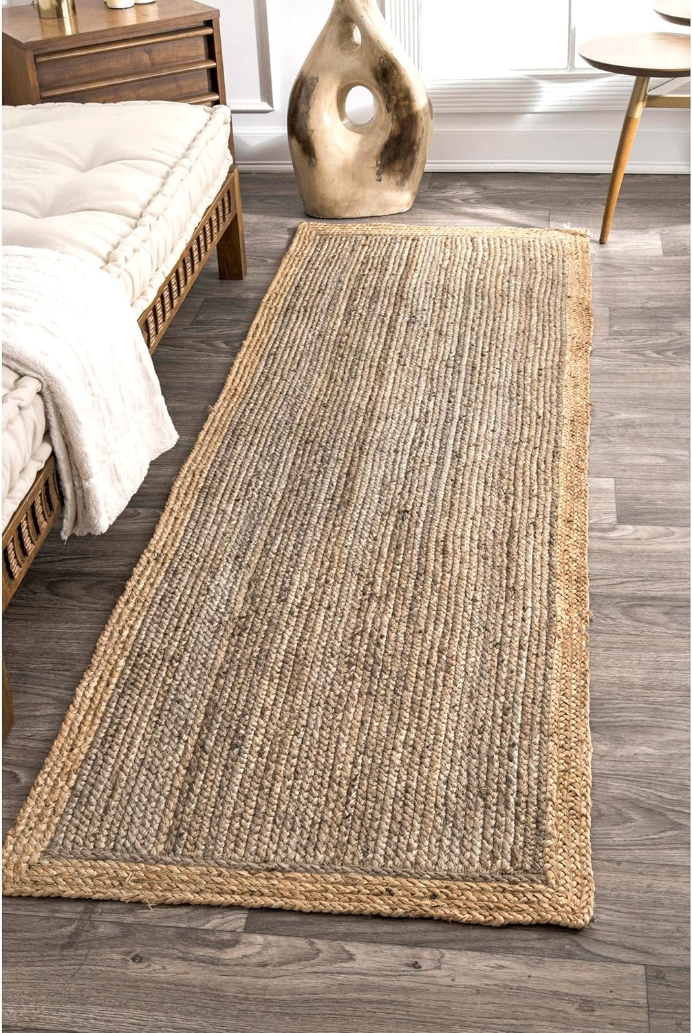 Handwoven Grey Jute Area Rug | Natural Border Modern Floor Carpet
