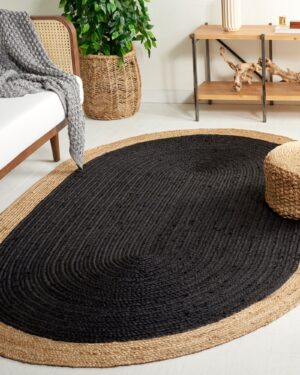 Black and Natural Oval Jute Rug Handmade Braided Farmhouse Area Rug for Living Room Bedroom and Entryway