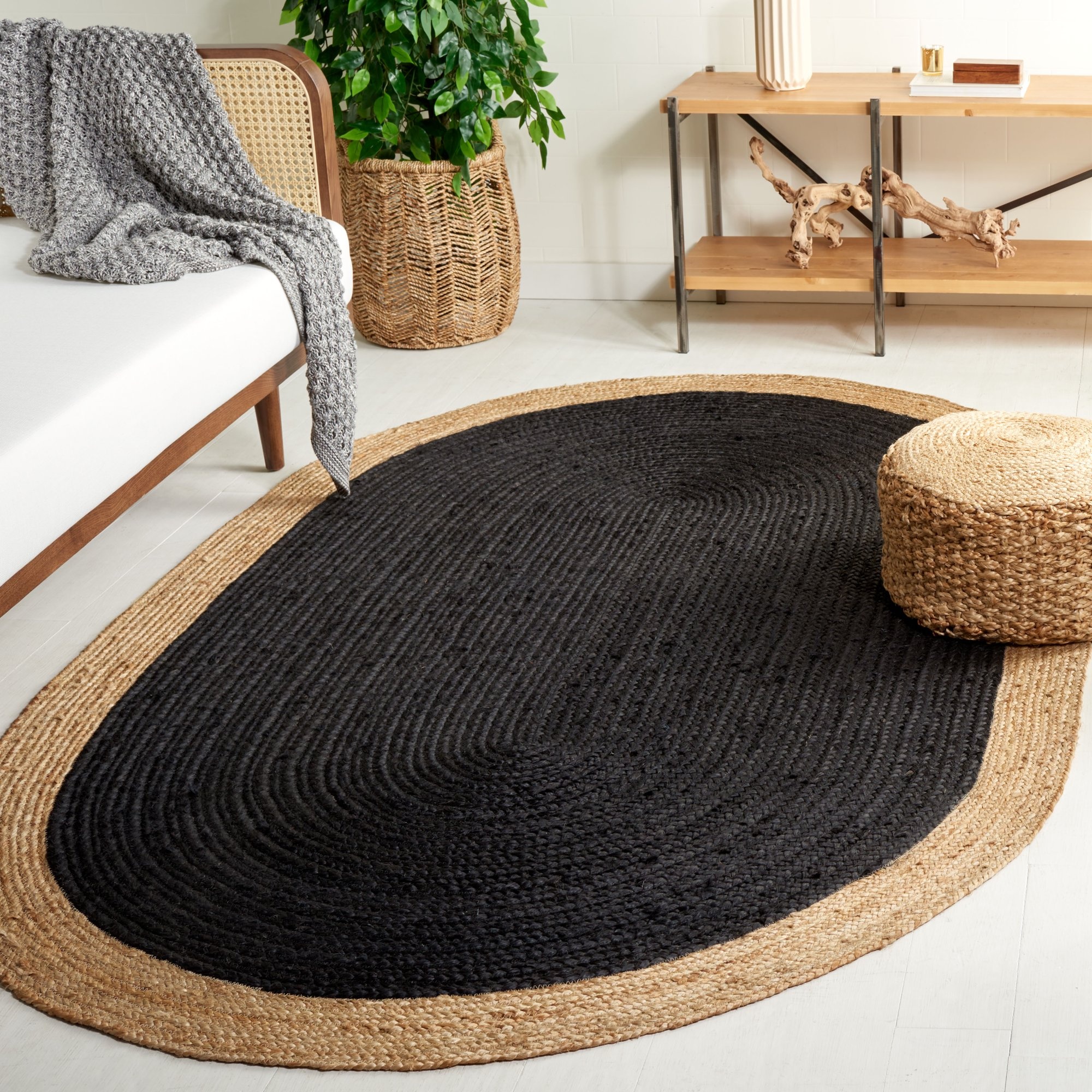 Black and Natural Oval Jute Rug Handmade Braided Farmhouse Area Rug for Living Room Bedroom and Entryway