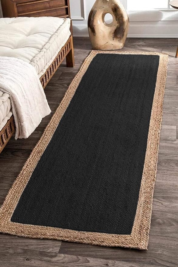 Handwoven Black Jute Area Rug with Natural Border | Modern Floor Carpet Runner