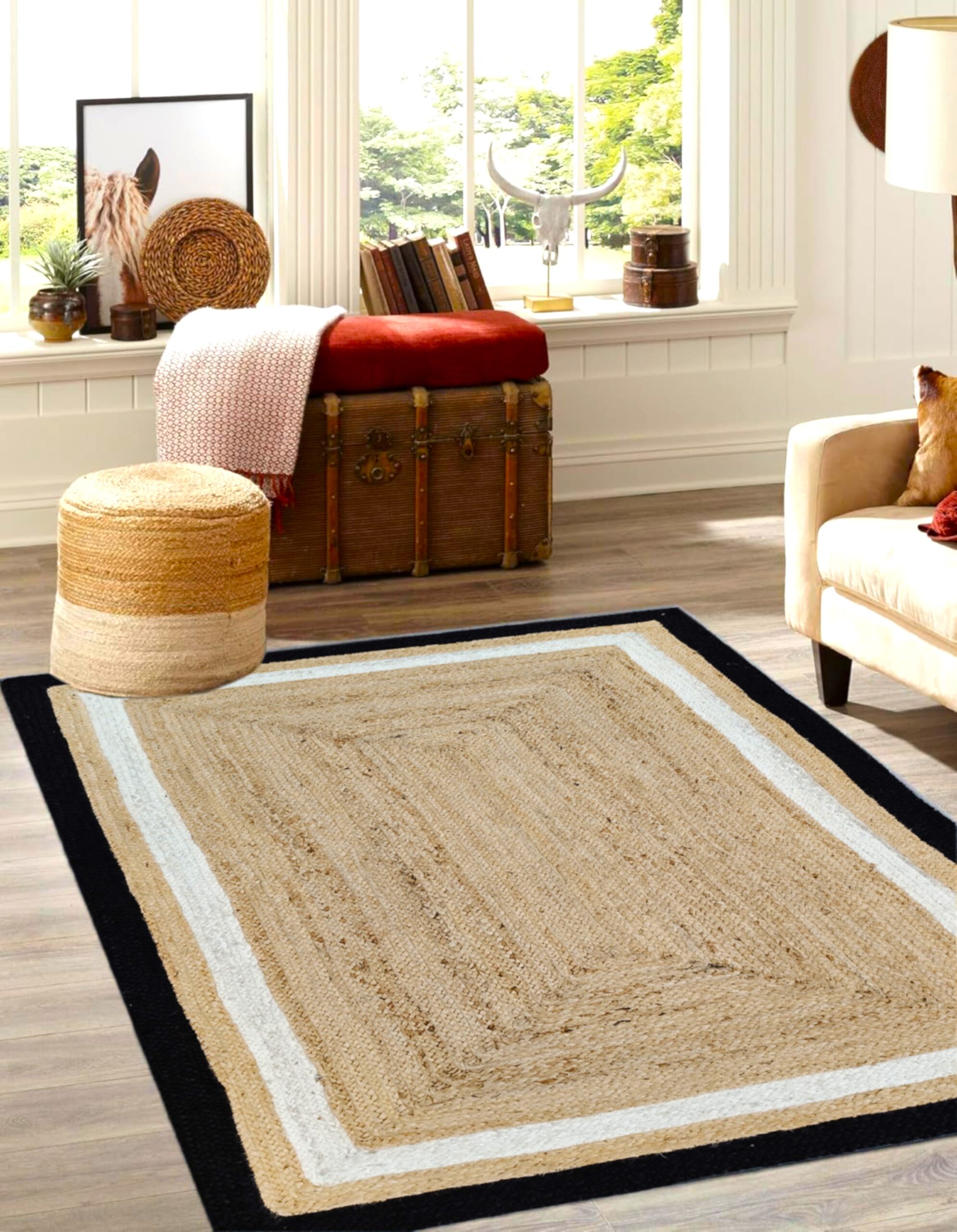Handwoven Natural Jute Area Rug with White & Black Border | Modern Floor Carpet