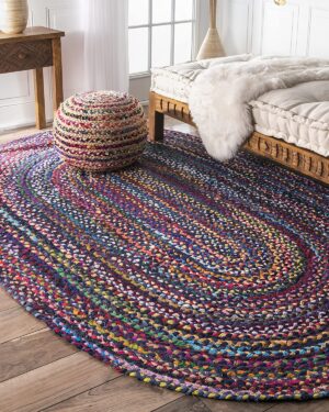 Blue Multi Color Cotton Oval Rug Handmade Braided Boho Area Rug for Living Room Bedroom and Farmhouse Decor
