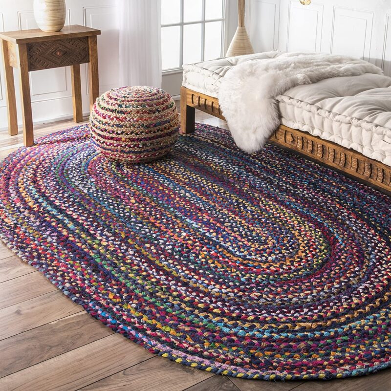 Blue Multi Color Cotton Oval Rug Handmade Braided Boho Area Rug for Living Room Bedroom and Farmhouse Decor