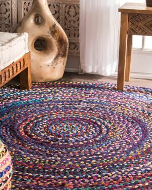 Handmade Multi Color Round Cotton Rug Braided Boho Area Rug for Bedroom Living Room and Home Decor