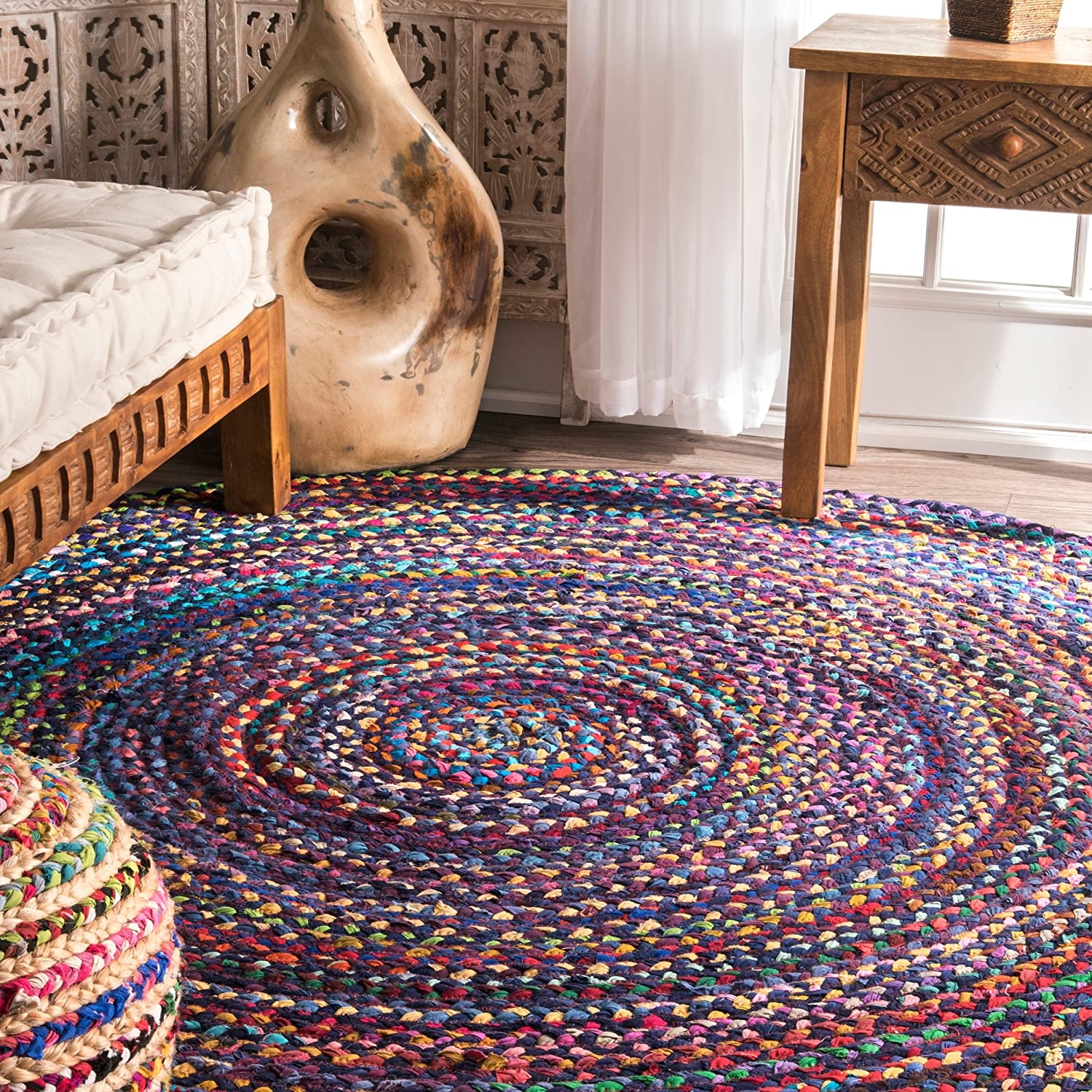 Handmade Multi Color Round Cotton Rug Braided Boho Area Rug for Bedroom Living Room and Home Decor