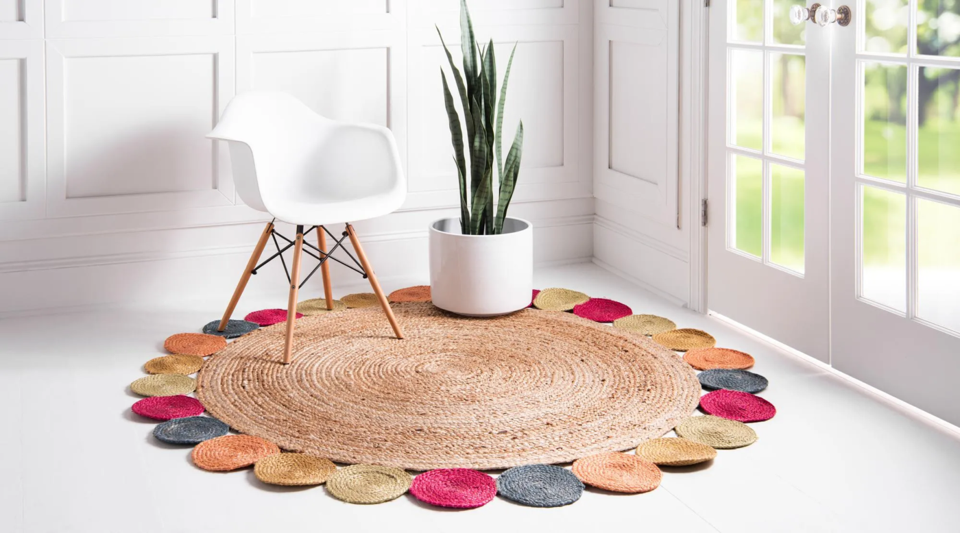 Handmade Round Jute Rug with Colorful Border Natural Braided Area Rug for Living Room Boho and Farmhouse Decor