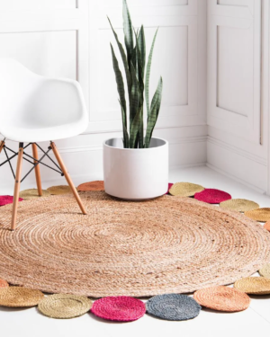 Handmade Round Jute Rug with Colorful Border Natural Braided Area Rug for Living Room Boho and Farmhouse Decor